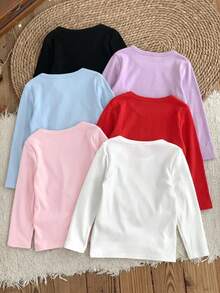 LMoss Kids Conjunto de 6 piezas de camiseta casual de punto de unicolor con cuello redondo para niña joven - Multicolor - Ver 2