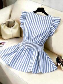 GlowEve CURVE Blusa estiva da donna a righe blu & bianche, collo tondo, vita stretta, maniche a volant, taglio in vita con pizzo, linea ad A, elegante e raffinata in stile francese - Blu e Bianco - Visualizzare 2