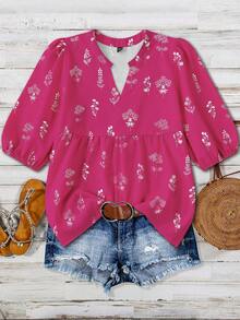 Linhara Plus Size Women Floral Print Notch V-Neck Puff Sleeve Casual Blouse,Valentine - Hot Pink - View 6