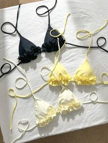 Swim Mod 2026 Spring/Summer Solid Color Bikini Cute Sexy Sweet, 3pcs Set Beach Party Black - Multicolor - View 6