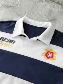 GENTILAND 男士休閒商務休閒寬鬆版型翻領 Polo 衫，海軍藍與白色條紋印花，返校季、校外禮物、足球 - 藍白色 - 查看 3