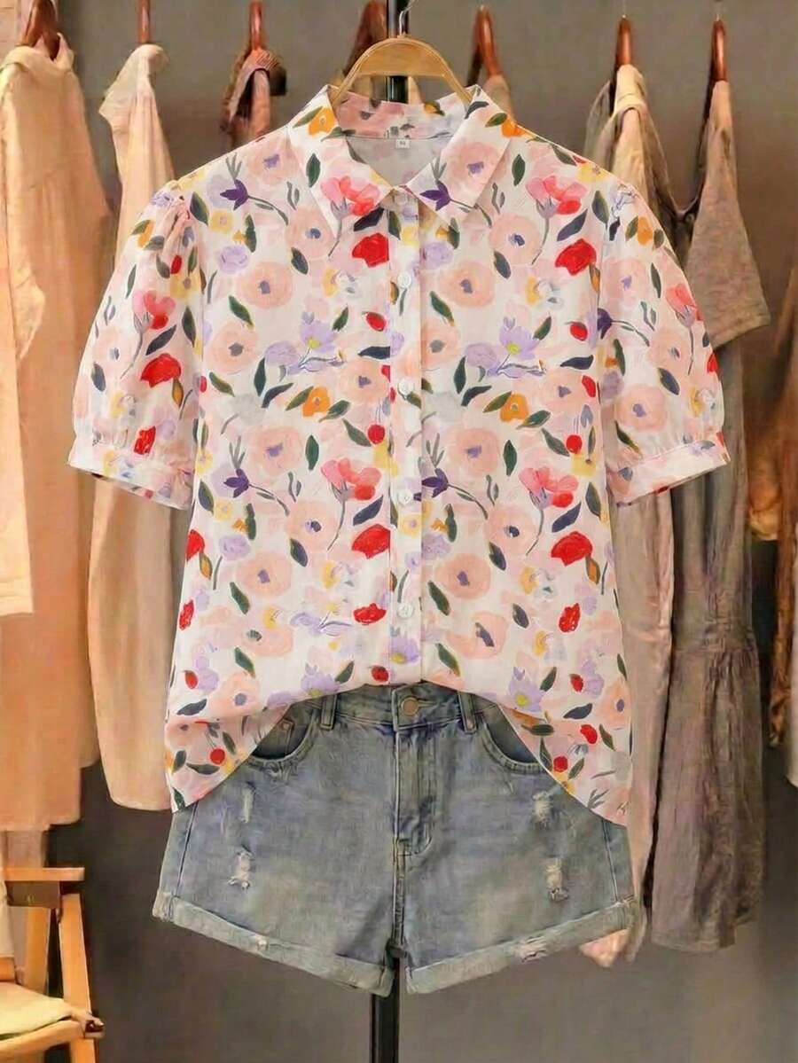 Divinelle Casual Minimalist Style Pink Floral Watercolor Handpainted Allover Print Women Shirt, Suitable For Spring/Summer - Multicolor - View 1