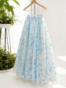 GlowEve Rok A-Line Elegan Serbaguna Berlapis Chiffon Motif Bunga Kuning, Cocok untuk Liburan dan Perjalanan Sehari-hari - Biru - View 2