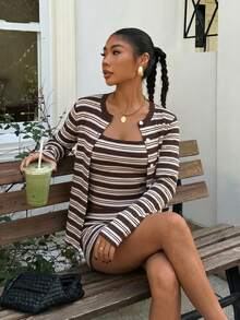 Muchica Casual Minimalist Asymmetrical Colorful Striped Knit All-Over Print 2-Piece Set For Women, Versatile Style Suitable For Spring/Summer,Summer Outfits For Women - Multicolor - View 5