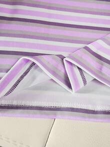 SHEIN Back-To-School 2pcs/Set Girls' Knit Pink White Coffee Striped Short Sleeve Shirt Collar Pullover T-Shirt,Knit Wide Leg Long Pants Set,American Casual - Purple - View 10