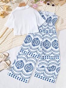 SHEIN Tween Girls Summer Casual Solid Color Shirt & All-Over Print Jumpsuit - Multicolor - View 2