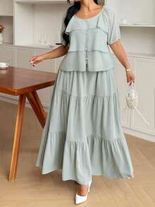 Modelyn Plus Size 2 Pieces Set: Chiffon Top And Woven Skirt, Suitable For Everyday Wear And Gatherings In Spring/Summer - Green - View 8