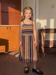 Dazy Kids Young Girl Summer Beach Vacation Style Patchwork Crochet Striped Print Cami Dress - Khaki - View 7
