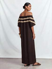 Zivah Summer New Music Festival, Easter, Business Casual, Color Block Striped Off-Shoulder Batwing Sleeve Dress - Dark Brown - View 2