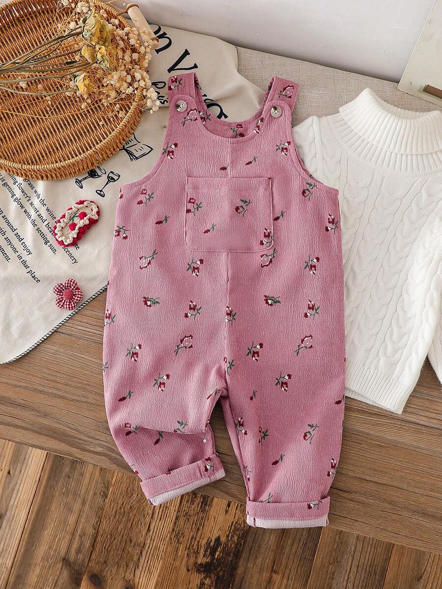 SHEIN 嬰幼兒女童中性 0-3 歲 春/秋季 心形滿版印花 粉色燈芯絨吊帶褲套裝 胸前口袋設計 休閒版型 適合外出與居家休閒 - 彩色 - 查看 1