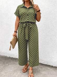 Linhara CURVE Plus Size Women's Polka Dot Shirt Collar Short Sleeve Button Front Tie Decor Jumpsuit - Green - View 6