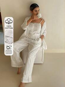 DAZY 3pcs Vacation Style Polka Dot Textured Fabric Women Pajama Set - White - View 3