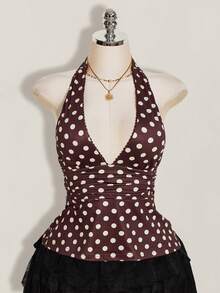 SHEIN ICON 掛脖深V領收腰A字版露背波點背心上衣 - 棕色 - 查看 10