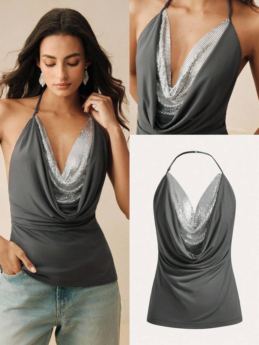 Anewsta Dark Grey Turtleneck Sequin Spaghetti Strap Backless Fitted Camisole Party Night Summer Sexy