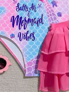 Girls Cute Egg Tart Skirt Multi-Layer Tulle Ruffle Mermaid Print One-Piece Swimsuit - Pink - View 4