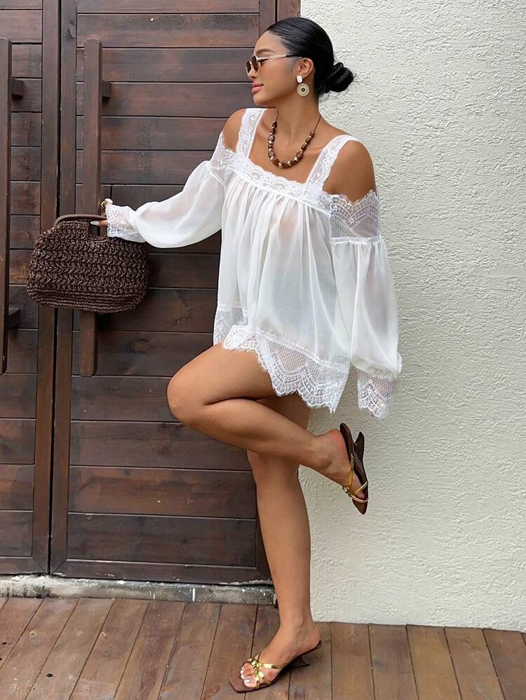 Dazy Plus White Lace Patchwork Sheer Mesh Coverup, Blogger Vacation Style Loose Fit Plus Size Off Shoulder Long Sleeve White Cover Up