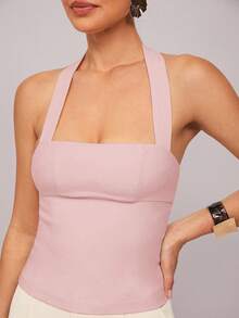 Silquee Daily Casual Halter Neck Backless Solid Color Top - Dusty Pink - View 3