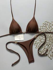 Swim Mod Women's Solid Color Halter Tie Metallic Bikini Set, Spring/Summer - Brown - View 1