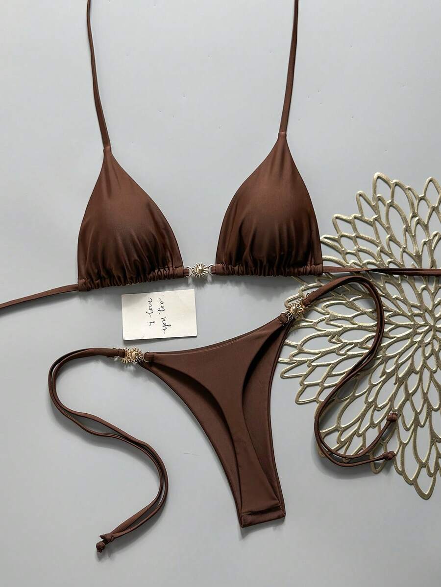 Swim Mod Women's Solid Color Halter Tie Metallic Bikini Set, Spring/Summer - Brown - View 1