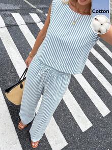 Serisse 女款圓領垂直棉質藍白條紋無袖上衣與抽繩腰直筒長褲兩件套 - 藍白色 - 查看 6