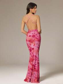 SHEIN Tall 女款深V領露背度假花卉印花洋裝，夏季女裝，適合高個女性 - 彩色 - 查看 7