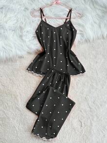 SHEIN 波點印花波浪邊吊帶上衣與睡褲兩件組 - 黑色 - 查看 3