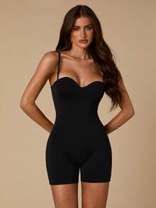 SHEIN BAE 女款素色貼身露背吊帶連身短褲 - 黑色 - 查看 3