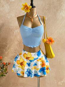 Soleia Orange Halter Top & Printed Mini Skirt 2 Pieces Set, Women Vacation Outfit - Blue - View 1