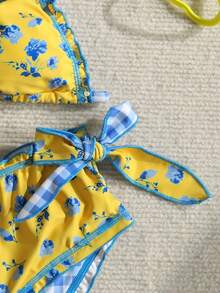 SHEIN Kids Tween Girls Beach Outfit Summer Outfits Vacation Outfits Flower Yellow Vintage Colorful Plaid Floral Printed Ruffle Tie Front Decor Beach Bikini Set For Summer - Yellow - View 6