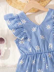 SHEIN Elladie kids Girls' Summer 2025 New Ditsy Floral Ruffle Cap Sleeve V-Neck Cinched Waist Back Bow Decor Open Back A-Line Pastoral Style Fashion Jumpsuit - Blue - View 3