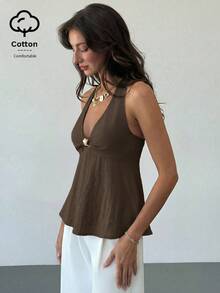 Aloruh Áo kiểu nữ dáng chữ A eo chiết, vải linen, trang trí kim loại, mùa xuân/hè - Màu Tím - Xem 4