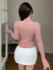 DAZY Camiseta de manga larga con media abertura y cuello de tortuga de unicolor para mujer, ropa de otoño - Rosa - Ver 2