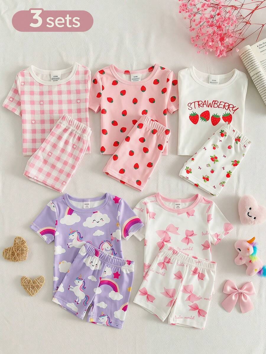 6件套女童草莓、花卉、爱心和格子印花柔软弹力休闲短袖睡衣套装,舒适的夏季幼儿睡衣 - 彩色 - 查看 1