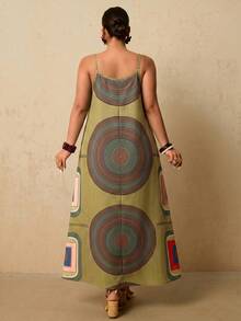 Travachic Plus Size Vacation Casual Striped Geometric Print Spaghetti Strap Dress - Multicolor - View 2