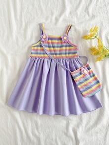 SHEIN Vintaside Kids 女嬰夏季橘色與白色甜美清新花卉裝飾細肩帶洋裝，附配套小斜背包，寬鬆裙擺版型，適合日常出遊、休閒旅行、家庭聚會、夏季野餐 - 紫色 - 查看 5