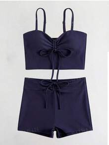 SHEIN Swim 女款純色度假繫帶抓皺背心與短褲泳裝兩件套 海灘深藍色夏季性感 - 藏蓝色 - 查看 4