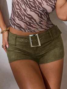 SHEIN Tall CURVE Plus Size Summer Fashion Sexy Belted Low Waist Mini Shorts - Green - View 8