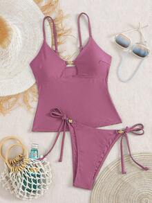 Swim Chiccia 女款海灘夏季音樂節細肩帶金屬飾品打結丁字褲成熟度假風坦基尼套裝 - 紫色 - 查看 3