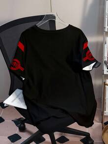 Betty Boop x SHEIN Plus Size Summer Casual Western Cartoon Print T-Shirt Wedding Black - White - View 2