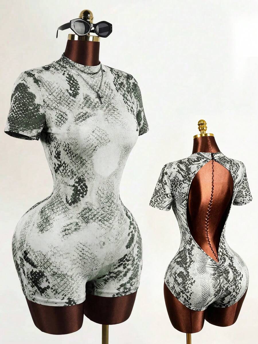Mistrie 2026 Novo Macacão Vintage Feminino com Estampa Animal em Tela Transparente, Decote Alto, Costas Abertas - Cinza - Visão 1