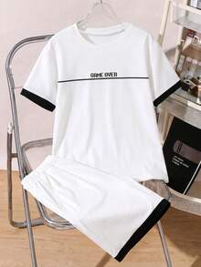 SHEIN Teen Boys Summer Cool Fashionable Casual Outdoor Crew Neck Short Sleeve Striped Print T-Shirt And Simple Sports Jogger Shorts 2pcs Set, New Summer Style, Suitable For Multiple Seasons - White - View 3