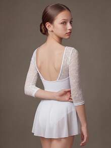 SHEIN Đầm jumpsuit thể thao đa năng phối ren thanh lịch ngọt ngào cho bé gái tuổi teen - trắng - Xem 2