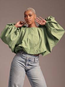 Vixey Lightweight Woven Statement Sleeve Jacket, Bold - Army Green - View 3