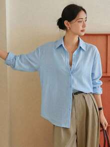 Dazy-Less Camisa casual de un solo pecho de unicolor, versátil, adecuada para primavera y verano para mujeres - Azul - Ver 3