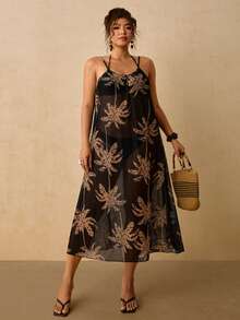 Travachic 大尺碼女款黑色棕櫚樹印花透視罩衫，彈性寬鬆，適合海灘度假，春/夏季 - 黑色 - 查看 3