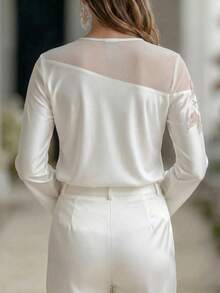 Editum Blusa de estilo francés con cuello redondo, bordada y transparente para mujer - Blanco - Ver 2