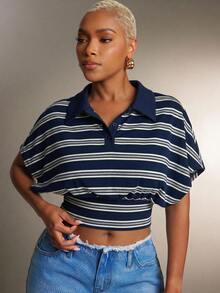 Denimoi Cinched Waist Collared Striped Polo Top Fashionable Tops Collared Top - Royal Blue - View 5