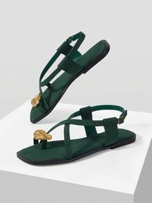 MOTF PREMIUM LADIES BURGUNDY CASUAL FASHION COMMUTER AND VACATION STYLE MINIMALIST CASUAL OPEN-TOED CROSSING FLAT SANDALS SUMMER SHOES - velvet green - View 9