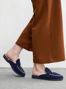CUCCOO BIZCHIC 时尚深蓝色白边绒面革舒适通勤女式平底穆勒鞋女式平底拖鞋适合户外购物和工作日常穿着舒适女鞋 - 深藍拼白邊 - 查看 9