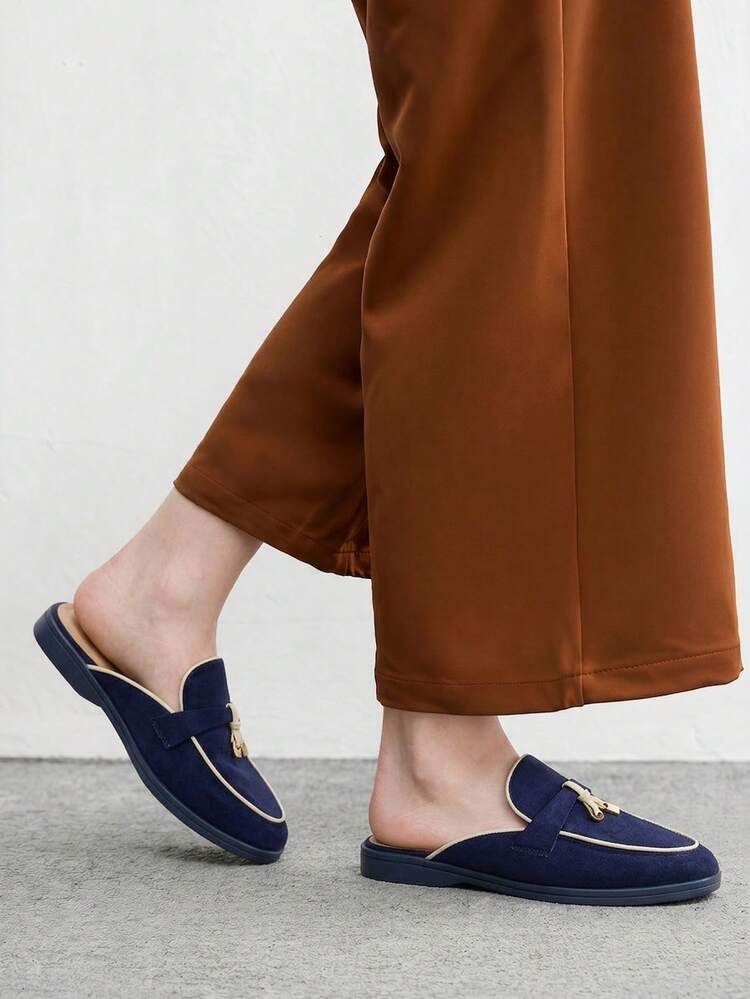 CUCCOO BIZCHIC Fashion Dark Blue White Edge Suede Comfortable Commuter Women's Flat Mule Shoes Women's Flat Shoes Slippers Suitable For Outdoor Shopping And Work Daily Comfortable Women's Shoes